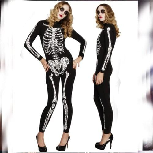 Cool Skull Skeleton Print Tight Bodysuit Female Halloween Carnival Cosplay Costume Horrible Ghost Demon Skeleton Fancy Dress