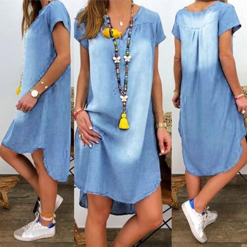 @ Women V Neck Denim Summer Dress Casual Loose Plus Size Mini Dress Hort Sleeve Party Dresses For Women Vestido Jeans Dress
