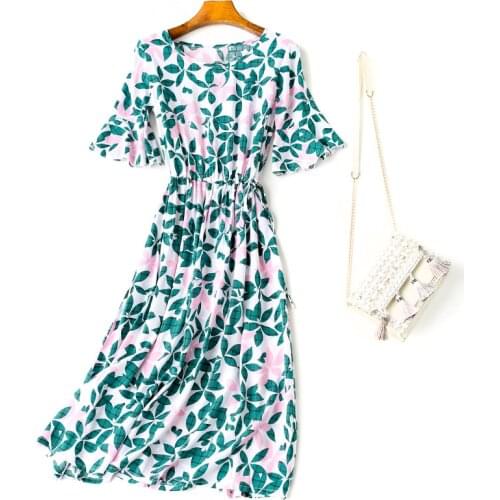 Flower Printed Cotton Women Dresses Summer New 2021 O-Neck Flare Sleeved Slim Bandage A-Line Elegant Office Lady Clothing