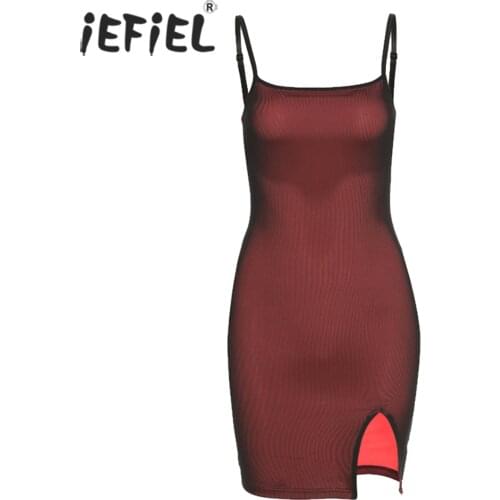 Summer Women Sleeveless Spaghetti Shoulder Straps Mini Dresses Split Side Buttocks Leotard Dress Slim Fit Dress Lingerie Costume