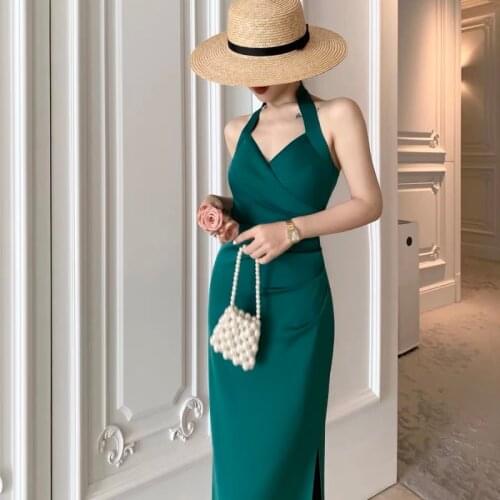 Elegant Women Halter Green Backless Vintage Bodycon Dress Solid Sleeveless Sexy Party Strap Dress Summer Vestidos Female Robe