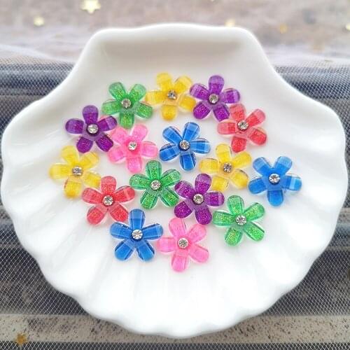 20 Pcs 15mm Cute Resin Flower with Rhinestone Flatback Cabochon for DIY Jewelry,Phone,Nail Art Decoration Beads Craft