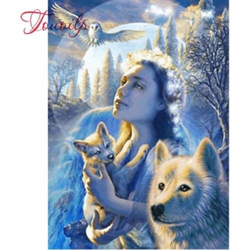 Touoilp 5D DIY Diamond Painting Wolf Girl Cross Stitch Diamond Embroidery Landscape Needlework Patterns Rhinestone Paintings