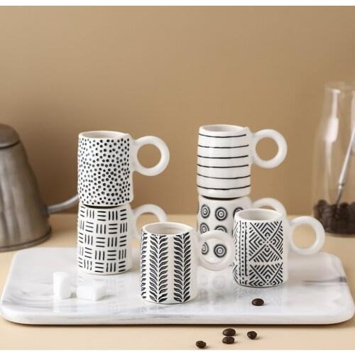 Nordic Handpainted Geometric Pattern Espresso Cups Ceramic Coffee or Tea Mugs Kitchen Office Tableware Microwave Dishwasher Safe