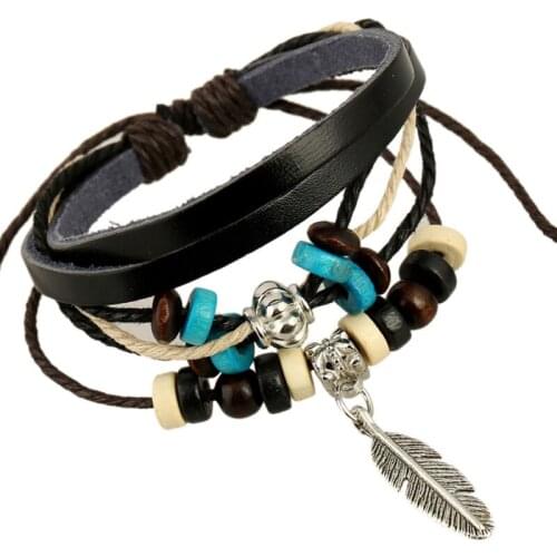 Black Brown Beads Bracelet Wax Leather Rope Chain Metal Wooden Leaf Feather Beads Bracelets Vintage Trendy Jewelry Accessories