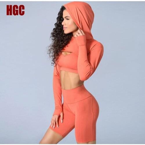 Yoga Set Women 3 PCS Fitness Suit Long Sleeve Crop Top Push-up Bra Padded Shorts Naked-feel Fabric Workout Hooded Gym Sportwear