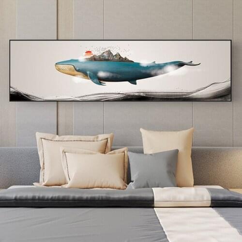Creative Whale with mountain sun Seascape Seagull Nordic Modern Decorative Pictures Canvas Wall Art Poster for room Paintings
