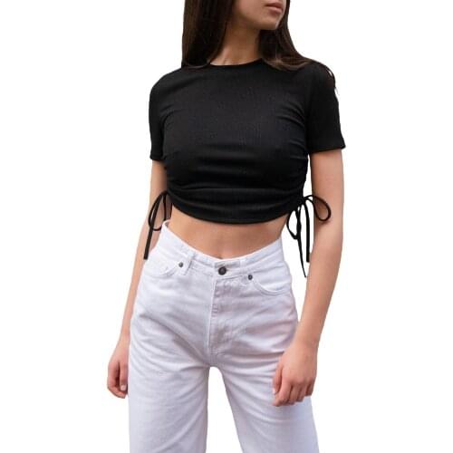 Summer Drawstring T-shirt Women T Shirt Casual Short Tees Shirts O Neck Sexy Slim Crop Tops Tee Tops Short Sleeve Female T-Shirt
