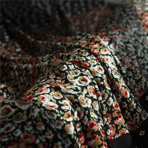 Stretched floral print pure silk double Georgette black satin fabric,16momme,sewing for dress,skirt,crat by piece of 98cm length