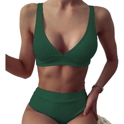Sexy Bikini Set Solid Color Deep V Neck Two Pieces Set Women Ribbed Bra Briefs Swimwear Summer Beachwear 6 Color Zwempak