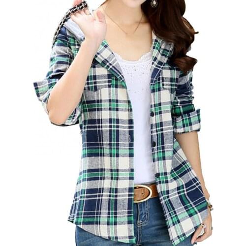 Harajuku style Women Fashion Loose Long Sleeve Classic Plaid Hood Button-up Cotton Shirt Outwear Tops dropshipping wholesale