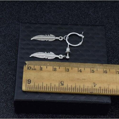 Titanium Steel Vintage Feather Leaves Pendant Drop Hoop Earrings Korean Jewelry E56A