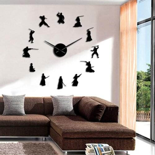 Japanese Martial Art Diy Large Wall Clock Fighter Samurai Silent Quartz Acrylic Watch Clock Mirror Sticker Asian Home Decor Art