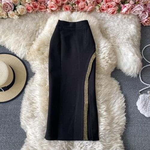Spring Autumn New Front Slit Skirt Retro Mid-length Temperament OL Professional Wear Sexy High Waist Bag Hip Skirt UK906