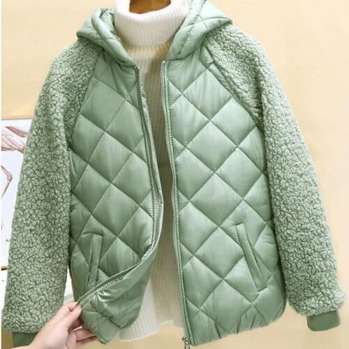 Lambswool Womens Coats Short Jacket Hooded Loose Fux Lamb-Like Wool Splice Coat Female Winter Outwear Lightweight Cotton-Padded