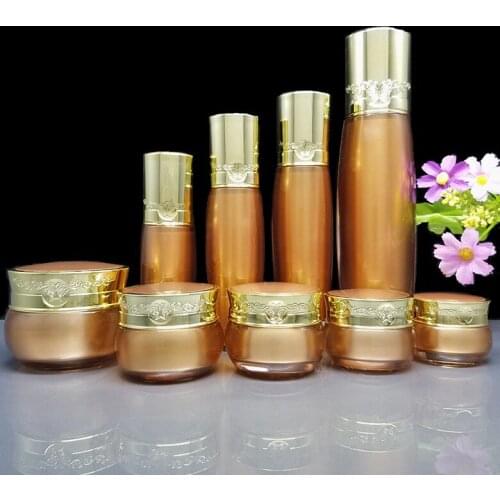 8pcs/lot 5/10/15/20/30/50g Acrylic Facial Eye Cream Jar Gold Empty 80/100ml Plastic Cosmetic Lotion Pump/Sprayer Atomizer Bottle