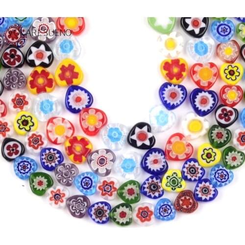 Millefiori Flower Mixed Flat Lampwork Glass Beads For Jewelry Making 8mm10mm Heart Shape Spacer Loose Beads Diy Bracelet 15"