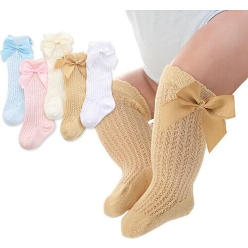 Baby Infants Kids Toddlers Girls Boys Knee High Socks Tights Leg Warmer Ribbon Bow Solid Cotton Stretch Cute Lovely 0-3Y