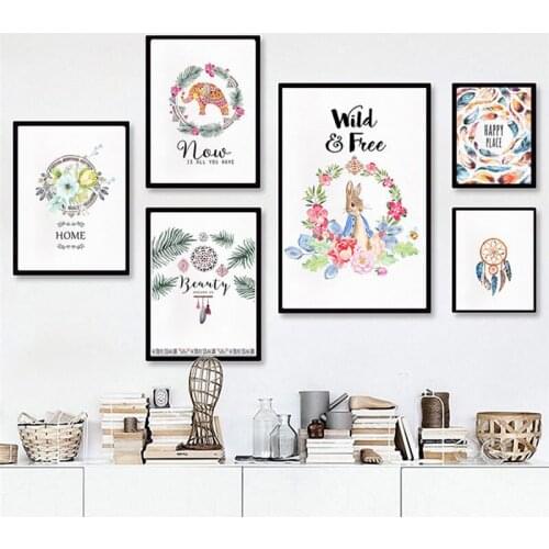 Home Decor Print Wall Art Nordic Canvas Painting Poster Colorful Weath Feather Animal Living Room Wall Picture Letter Quote