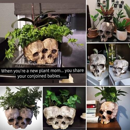 Halloween Outdoor Resin Skull Flowerpot-Creative Craft Jewelry Garden Yard Decorations Skull Green Plant Pot Container Ornaments