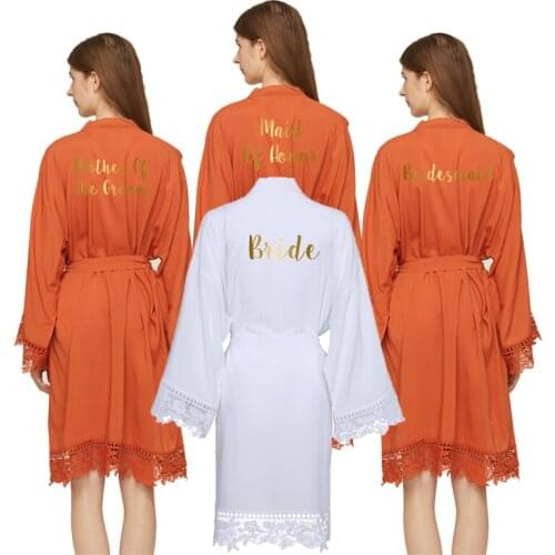 Bride Robe Bridesmaid Robes Women Rayon Cotton Lace Robe Women Wedding Robe Bathrobe Orange Bridal Robes