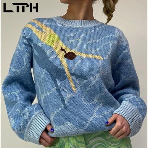 LTPH ins vintage O-Neck women sweaters pullovers fashion knitted jacquard oversized loose long sleeve jumpers 2021 autumn new