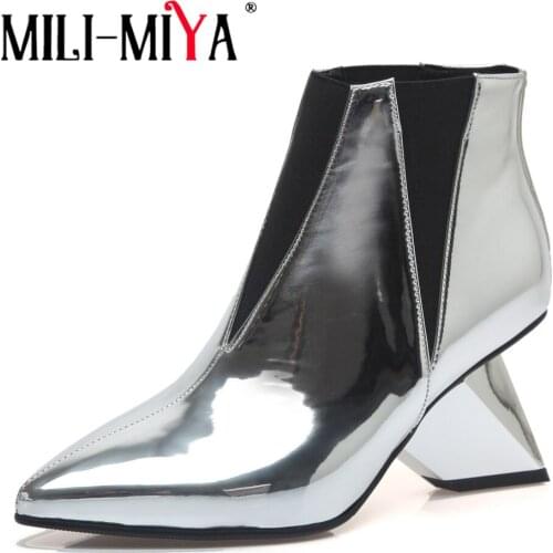 MILI-MIYA Fashion Strange Heels Women Patent Leather Ankle Boots Pointed Toe Slip-On Spring Autumn Shoes For Ladies Size 34-39