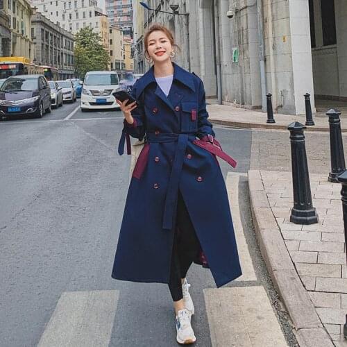Trench Coat for Women Fashion Elegant Double Breasted Belted Loose Korean Style Navy Long Windbreaker Cloak Spring Autumn 2523