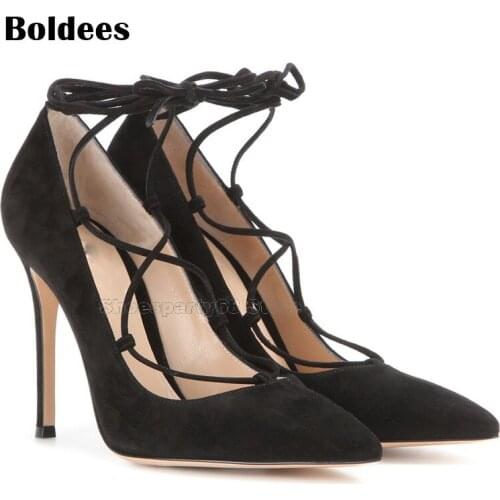 Fashion Black Beige Suede Leather High Quality Lace Up Gladiator Dress Shoes Women Thin High Heels