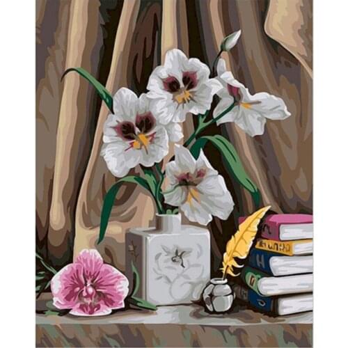 White flowers on the desk Flower DIY Digital Painting By Numbers Modern Wall Art Canvas Painting Unique Gift Home Decor 40x50cm