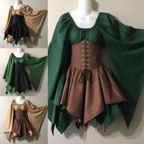 Renaissance Vintage Long Sleeve Dress Medieval Costume Women Halloween Cosplay Full Sleeve Waist Bandage Ptachwork Dress Party
