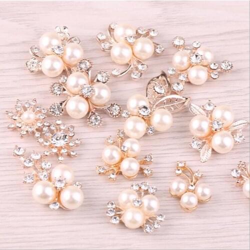 Gold base rhinestone pearl flower hair embellishments buttons hairbow center decoration accessories