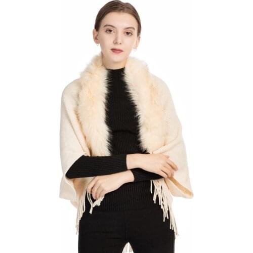Solid Scarf Shawl Elegant Fur collar Triangle Warm Scarf Tassel Cape Knitted Sweater Women Ponchos Female Cloak Autumn Winter