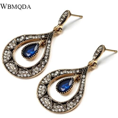 Wbmqda Blue Stone Drop Earrings Vintage Jewelry Antique Gold Crystal Water Drop Earrings For Women Fashion Gift Jewelry