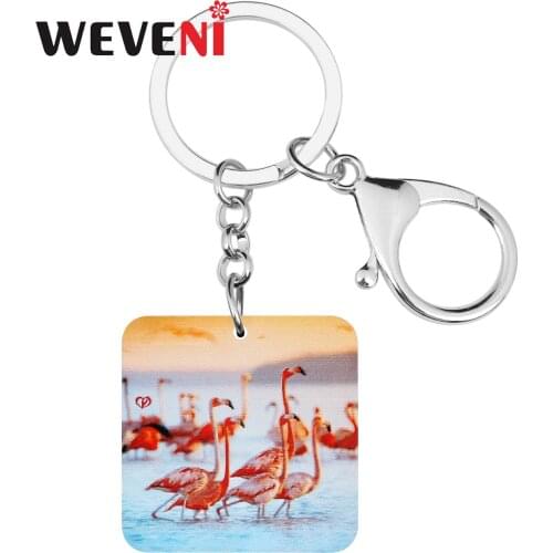 WEVENI Acrylic Square Lovely Flamingo Keychains Anime Animal Keyring Jewelry For Women Lover Teens Novelty Gift Wallet Charms