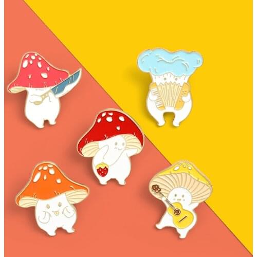 Cartoon Cute Mushroom Enamel Pin Custom Funny Guitar Accordion Brooches Bag Lapel Pin Badge Plant Jewelry Gift for Kids Friends
