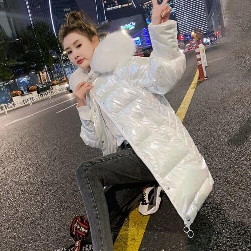 Cotton-padded jacket womens mid-length section winter 2021 new fashion casual bright face hooded fur collar loose coat