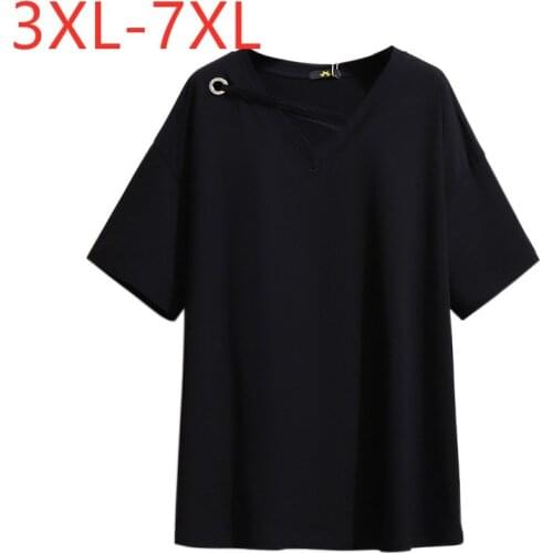 New 2021 Ladies Summer Plus Size Tops For Women Large Short Sleeve Loose Cotton Black Hole V-neck T-shirt 3XL 4XL 5XL 6XL 7XL