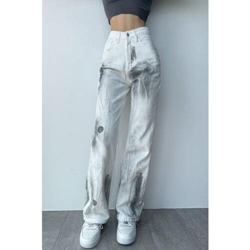 Womens Jeans 2021 Summer New Harajuku Tie Dye Print Loose Fashion Wide Leg Long Pants Straight Baggy Denim Trouser Streetwear