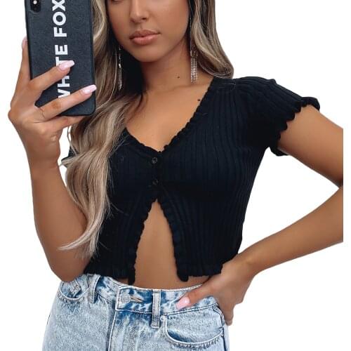 Womens Casual Knitted Tee Shirts, Short Sleeve Ribbed Knit Thin Cardigan Crop Tops