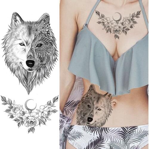 Women Animal Wolf Tattoos Stickers Paper Black Fake Flower Temporary Tattoo Adults Custom Waterproof Body Arm Art For Lady