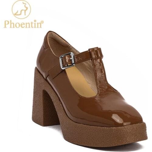 Phoentin Brown T-strap thick high heel shoes 2021 chunky patent leather mary jane pumps women square toe platform shoes FT1386