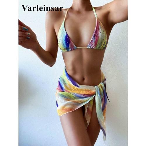 New Rhinestones Bikini Women Swimwear Female Swimsuit Three-pieces Bikini set With Sarong Bather Sexy Bathing Suit Swim V2538