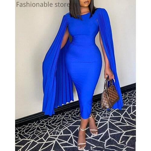 Women Elegant Solid Color Pleated Bodycon Party Dress Plus Size