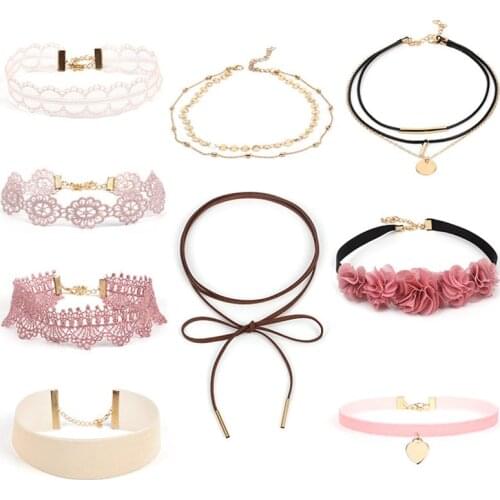 9-14Pcs Different Gothic Stretch Velvet Tattoo Lace Choker Necklace Set Long Pendant Jewelry Women Pink Black Choker Wholesale
