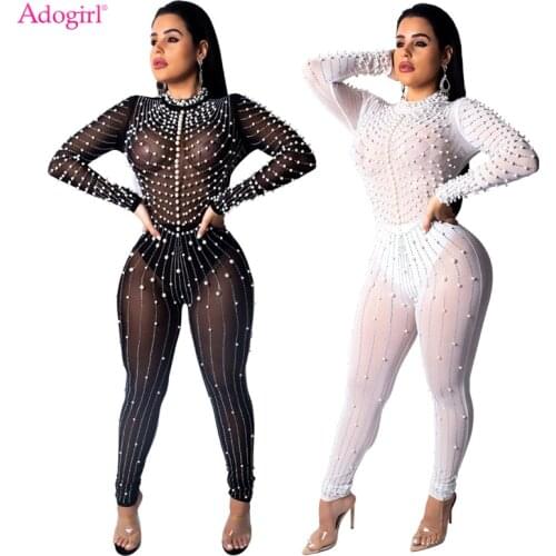 Adogirl Pearls Diamonds Sheer Mesh Jumpsuits with Underwear Plus Size See Through Long Sleeve Skinny Night Club Party Overalls