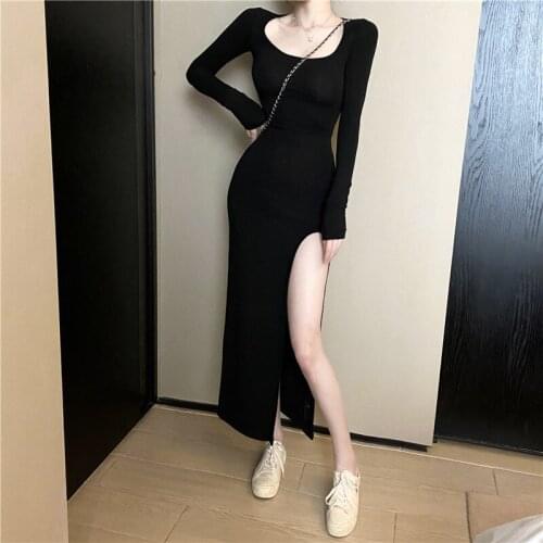 B4318 Spring autumn 2020 new women fashion temperament pure color round neck long sleeve slim slit dress cheap wholesale
