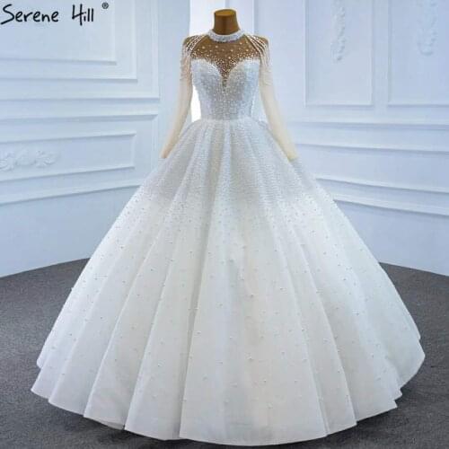Serene Hill White Sexy Wedding Dress 2021 Beading Pearl Long Sleeves High-end Bridal Gown Custom Made CHM67198