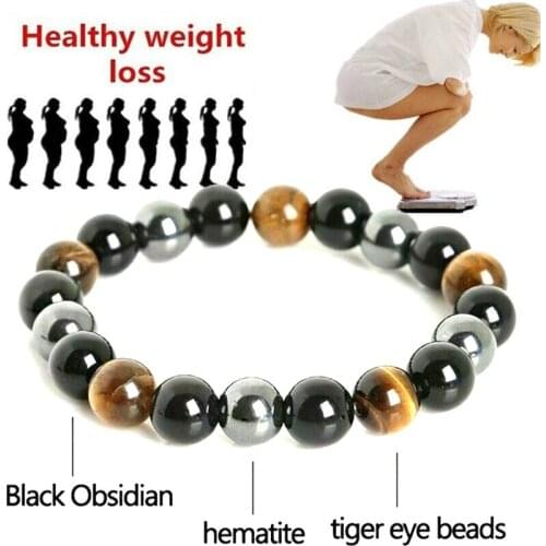 Natural Stone Bracelet Magnetic Tiger Eye Triple Protection Hematite and Black Obsidian Bracelet for Women Men Friend Gift