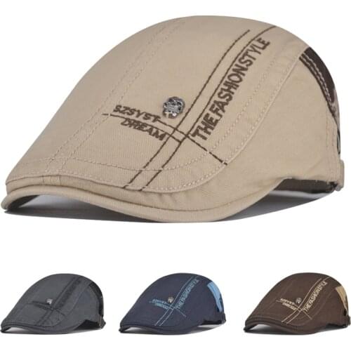 Mens Korean Beret Cotton Middle-aged Cap Breathable Color Matching Embroidery Sun Hat Sunscreen Sunscreen Hat Flat Top Hat